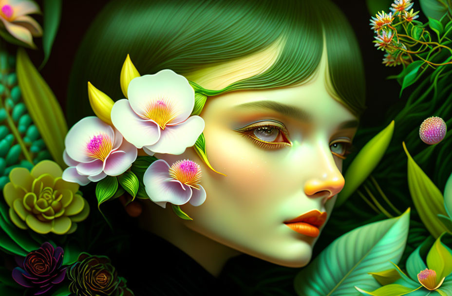 Stylized portrait of woman with green hair in lush floral setting