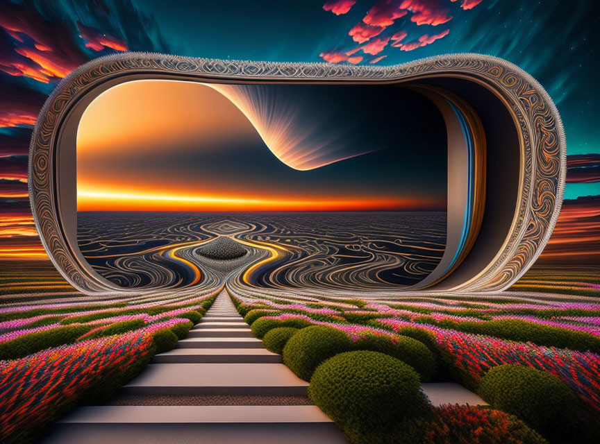 Colorful surreal landscape with twisted horizon and sunset sky framed by ornate portal.