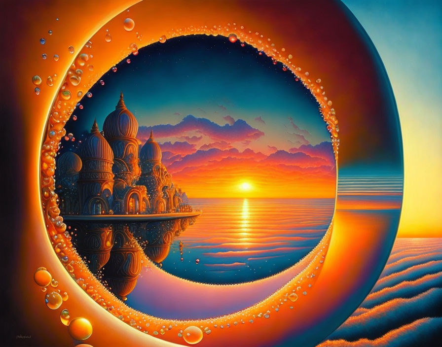 Surreal sunset with palace reflection, droplet-framed portal, orange and blue hues