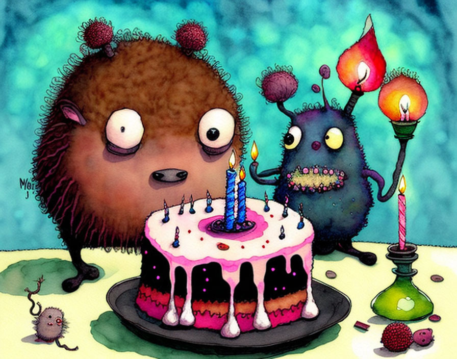 Furry creatures in birthday hats blowing out candles