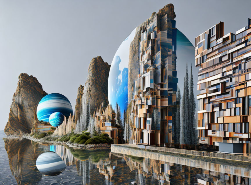 Modern cityscape with reflective water, rocky mountains, and surreal planet sphere.