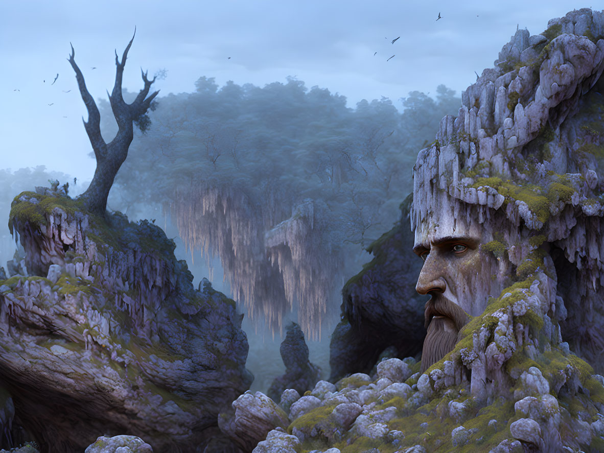 Mystical landscape featuring giant stone face in rocky mountainside