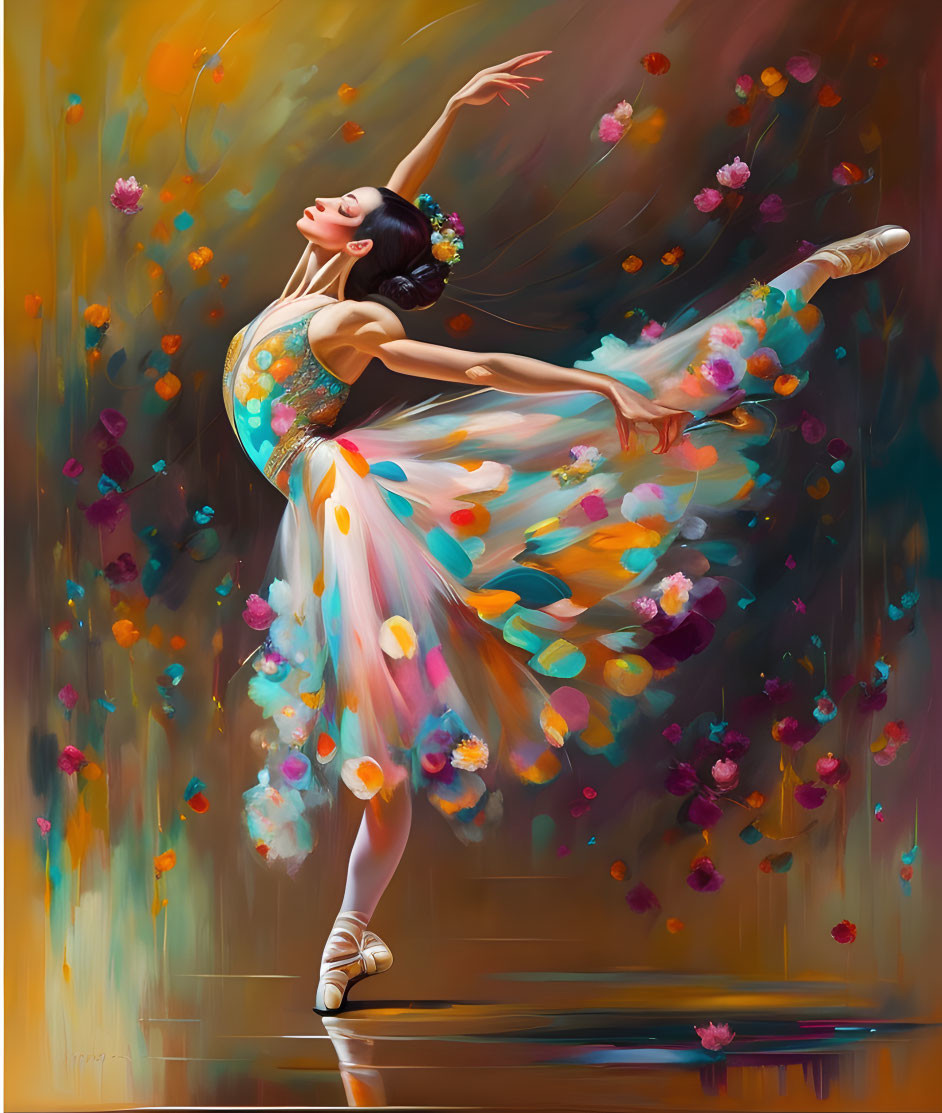 Colorful Ballerina Painting with Floral Costume and Petals on Warm Background