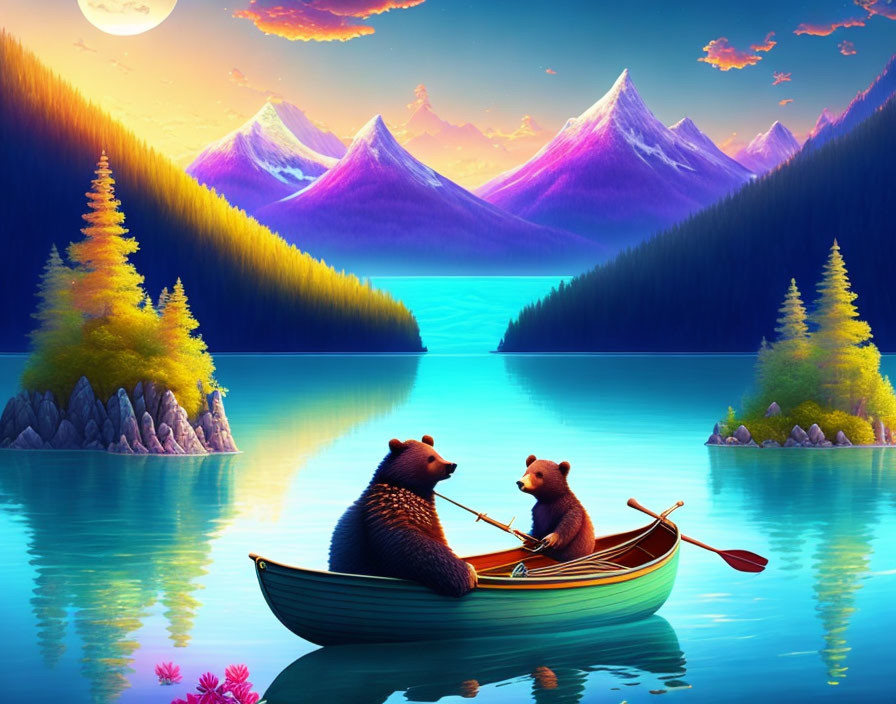 Two Bears in Rowboat on Serene Lake with Colorful Moonlit Landscape