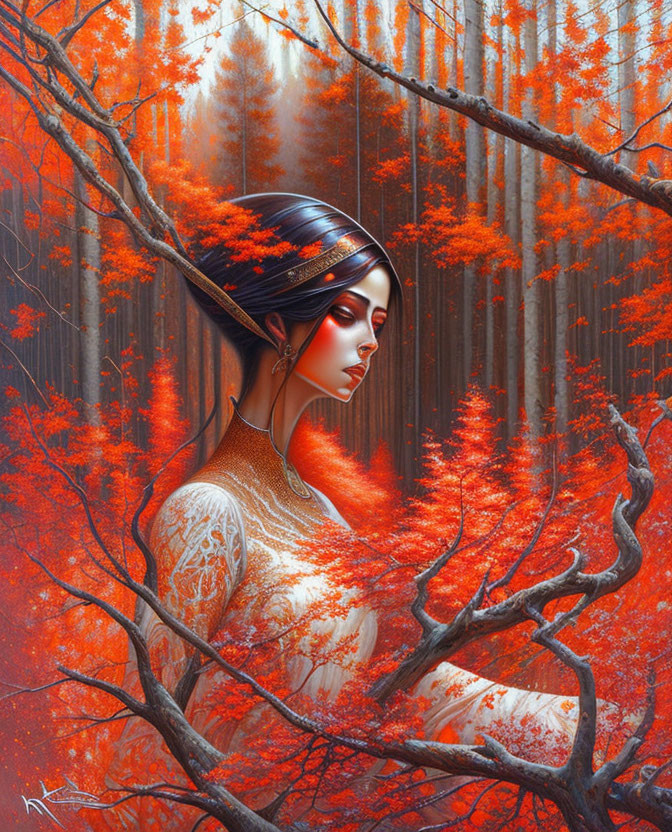 Illustration: Woman with intricate tattoos in red-orange forest contemplation