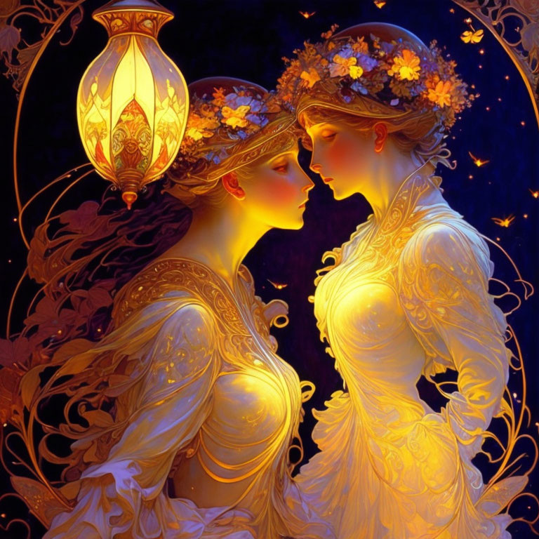 Ethereal women in floral crowns and ornate dresses under glowing lantern