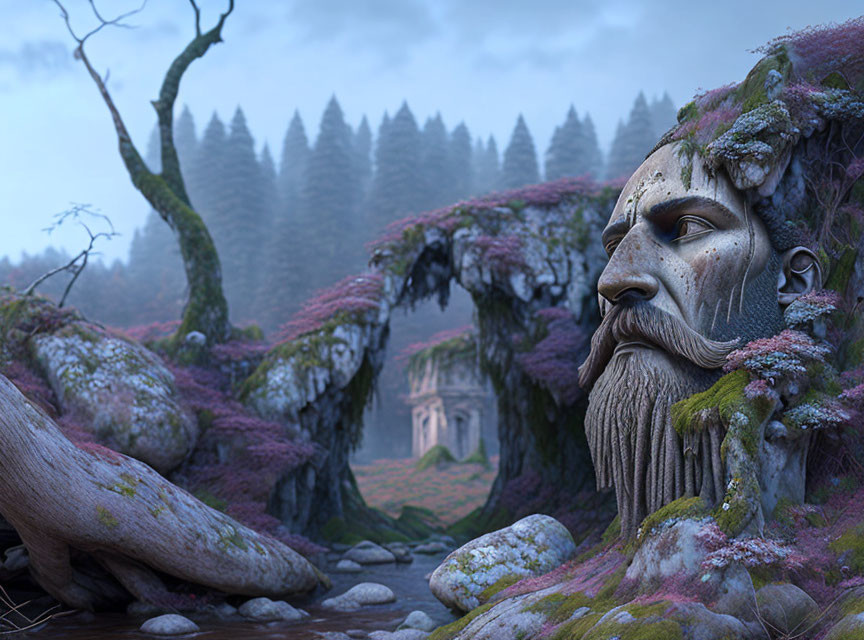 Giant stone face with beard in mystical forest setting