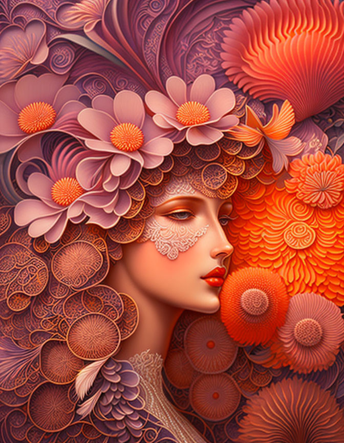 Stylized woman portrait with pink, orange, and purple floral patterns