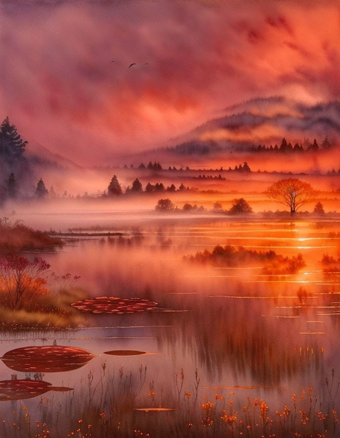 Tranquil Sunrise Landscape with Misty Lake Reflections