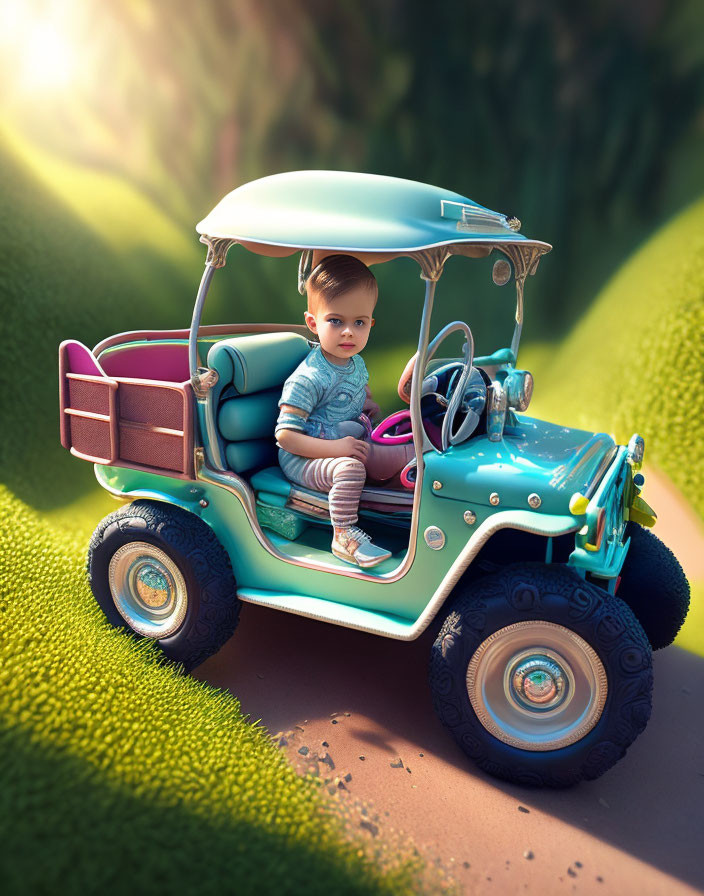 Confident Toddler in Miniature Golf Cart on Green Hills