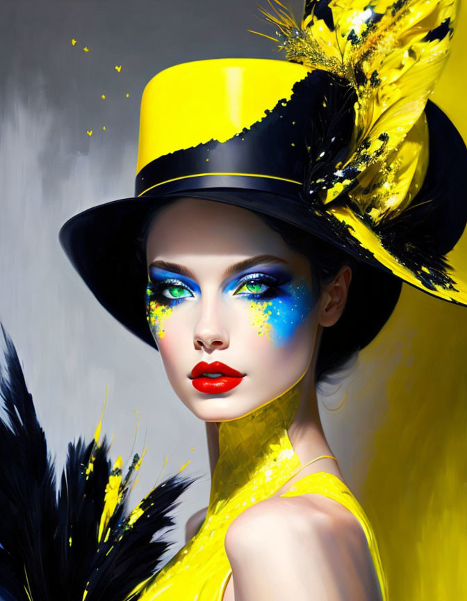 Vibrant woman portrait with colorful makeup and yellow top hat