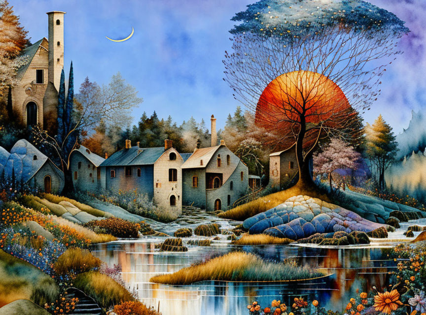 Fantastical landscape painting with quaint houses, waterfalls, autumn trees, crescent moon, and