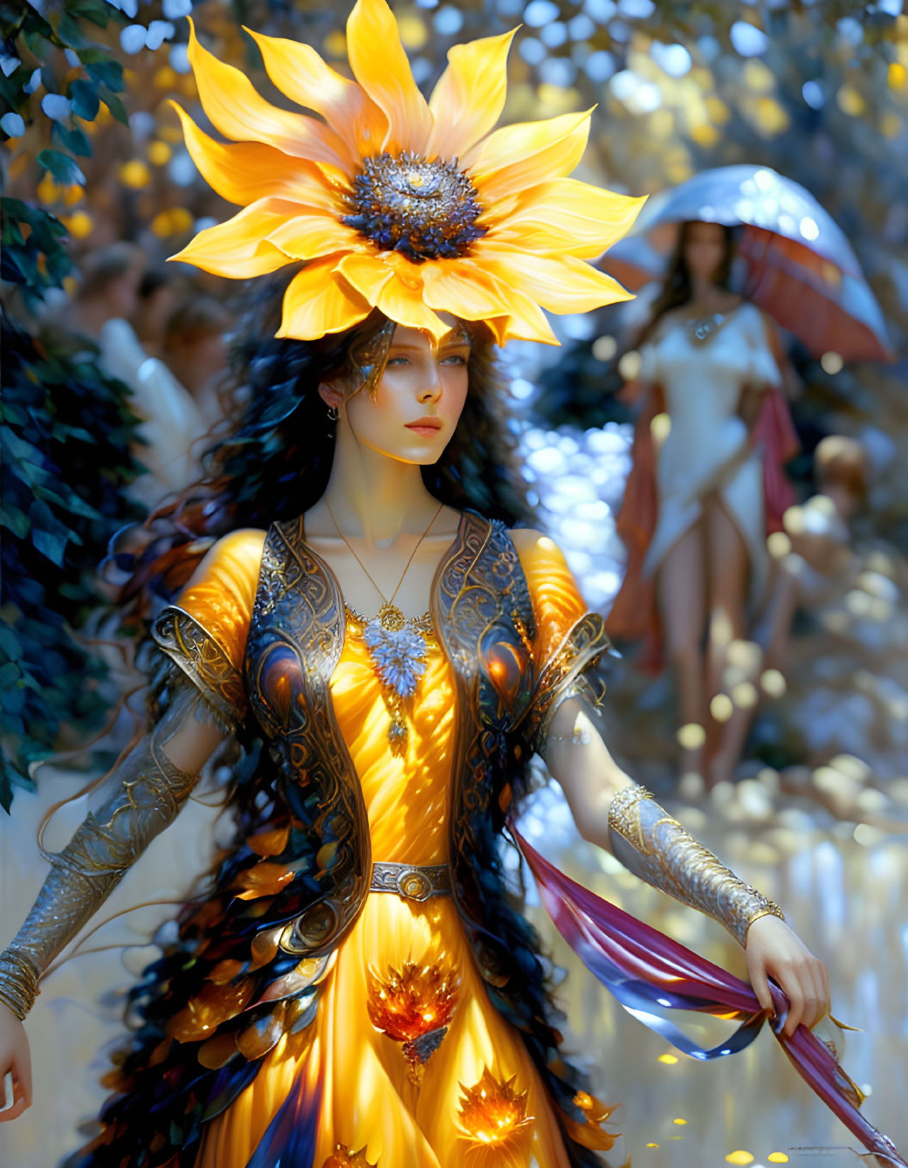 Fantasy artwork: Woman with sunflower headdress, golden armor, forest background