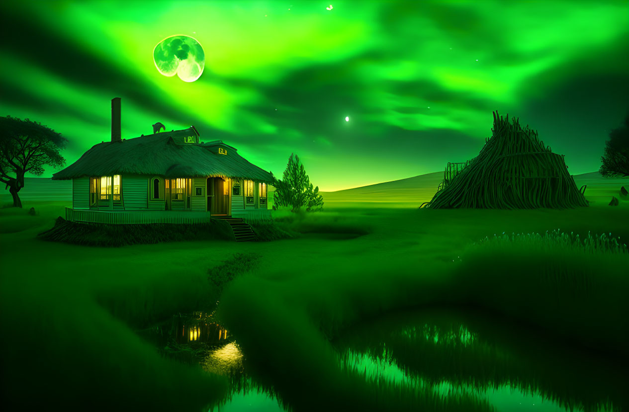 Nighttime landscape with glowing green aurora borealis, moonlit house, and haystack in serene setting