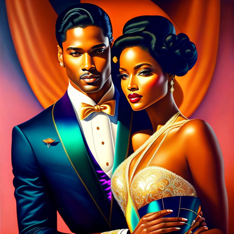 Vibrant formal attire illustration of elegant couple