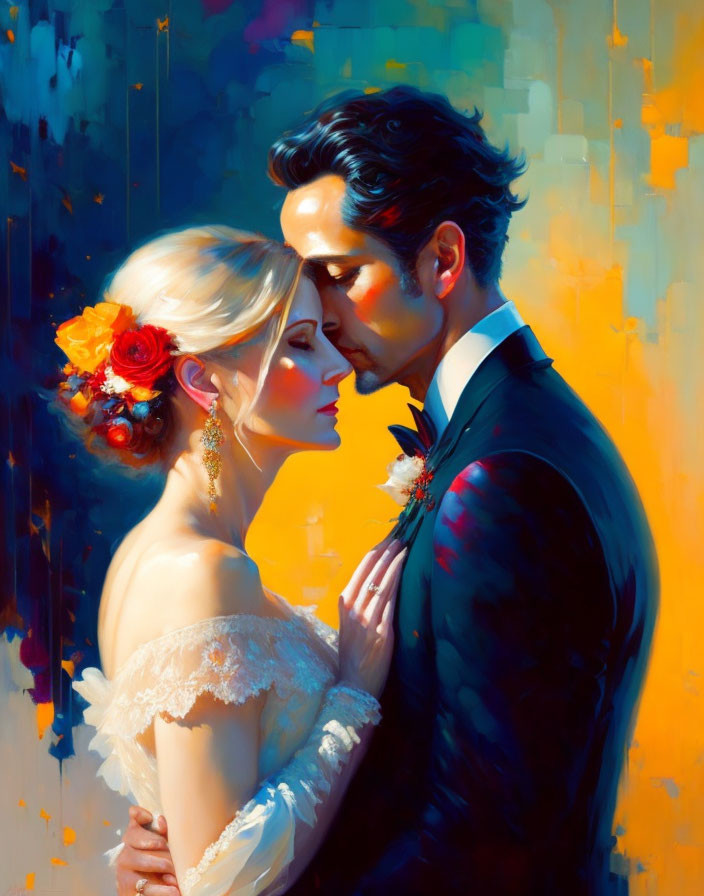 Romantic wedding couple embrace in vibrant illustration