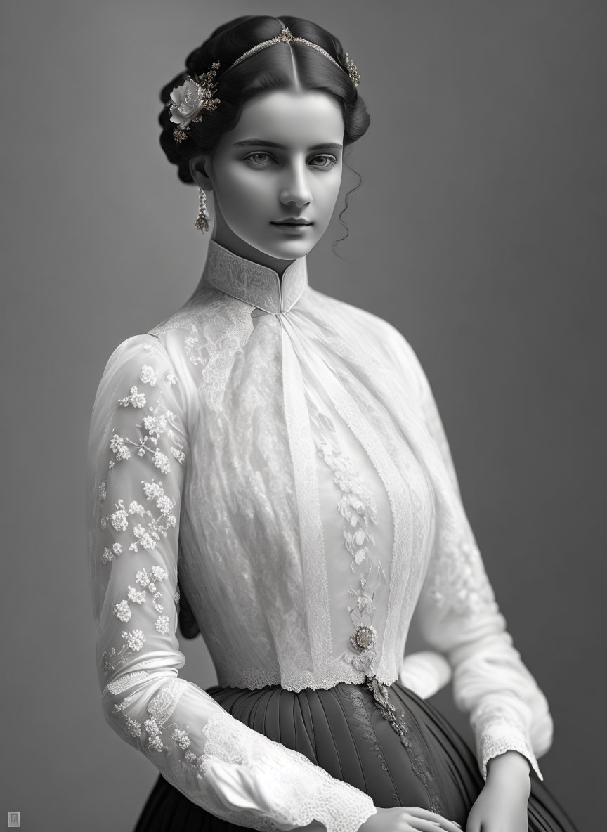 Monochromatic Victorian-era woman portrait with lace details