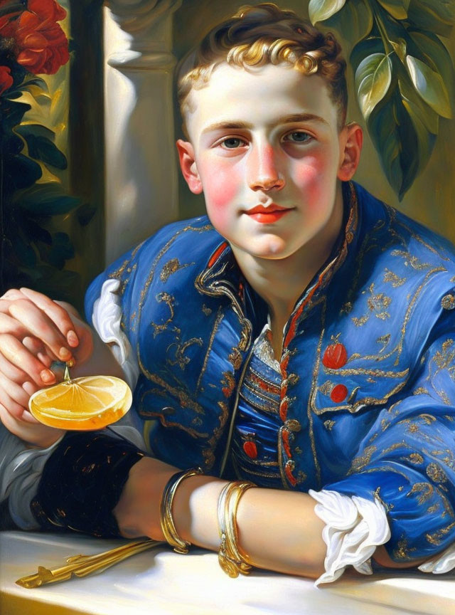 Portrait of Young Boy in Blue Jacket Holding Lemon Slice with Floral Background