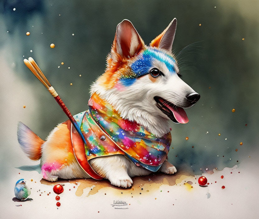 Colorful Illustration: Happy Corgi Dog with Galaxy Scarf & Paint Splashes