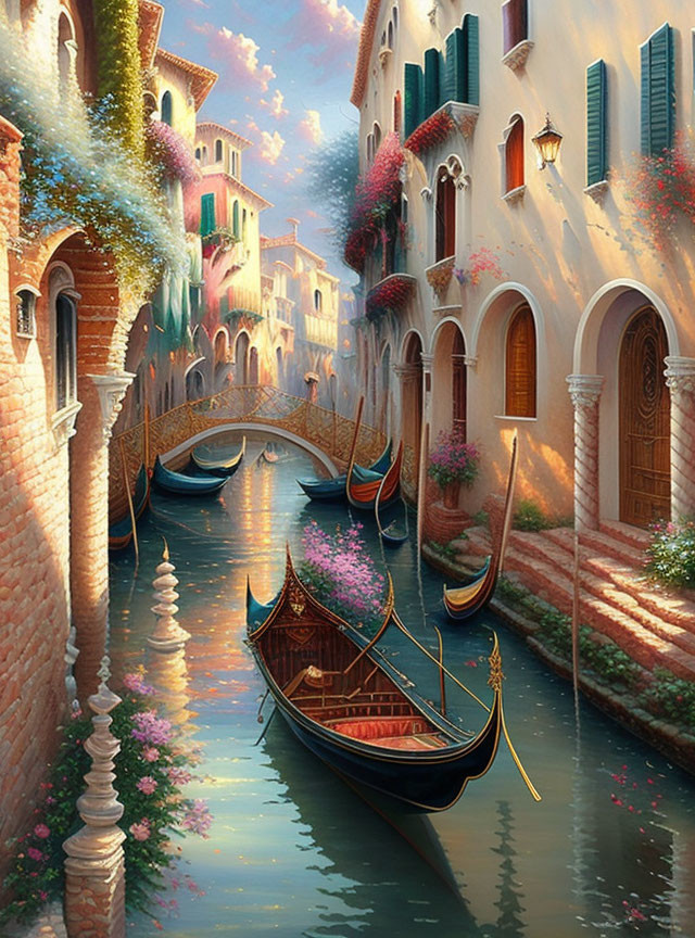 Historic Venetian canal with gondolas and flowering vines