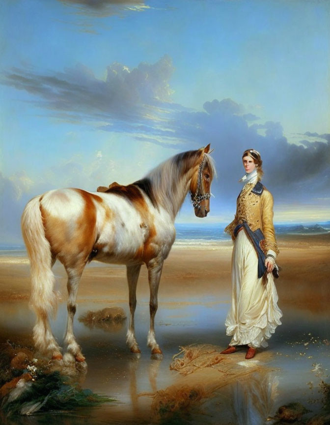 19th-Century Woman with Horse on Beach under Dramatic Sky