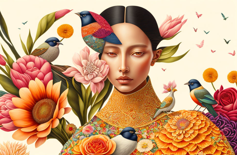 Colorful Floral and Bird Illustration of Serene Woman