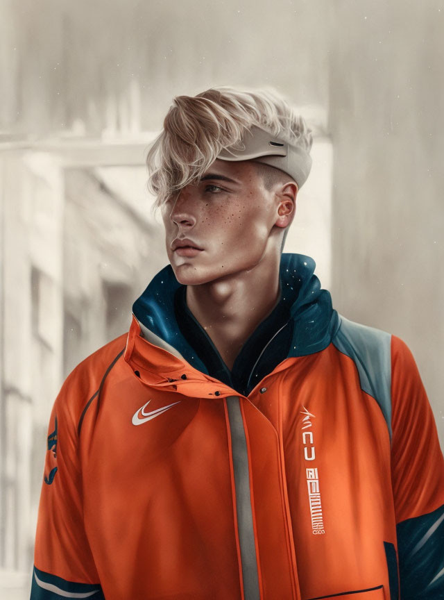 Stylized portrait of young man with blond hair and freckles in futuristic orange and blue attire