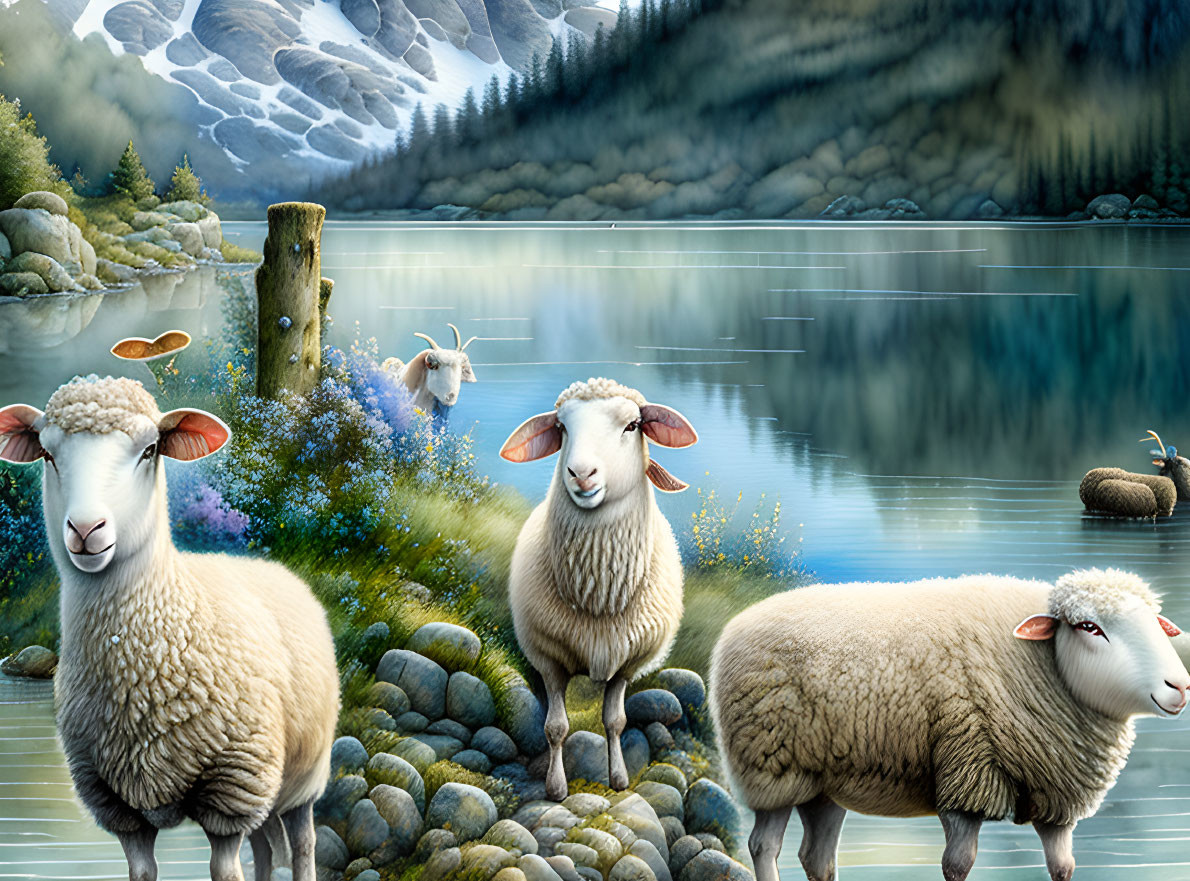 Tranquil lake scene with three sheep, lush greenery, and misty mountains