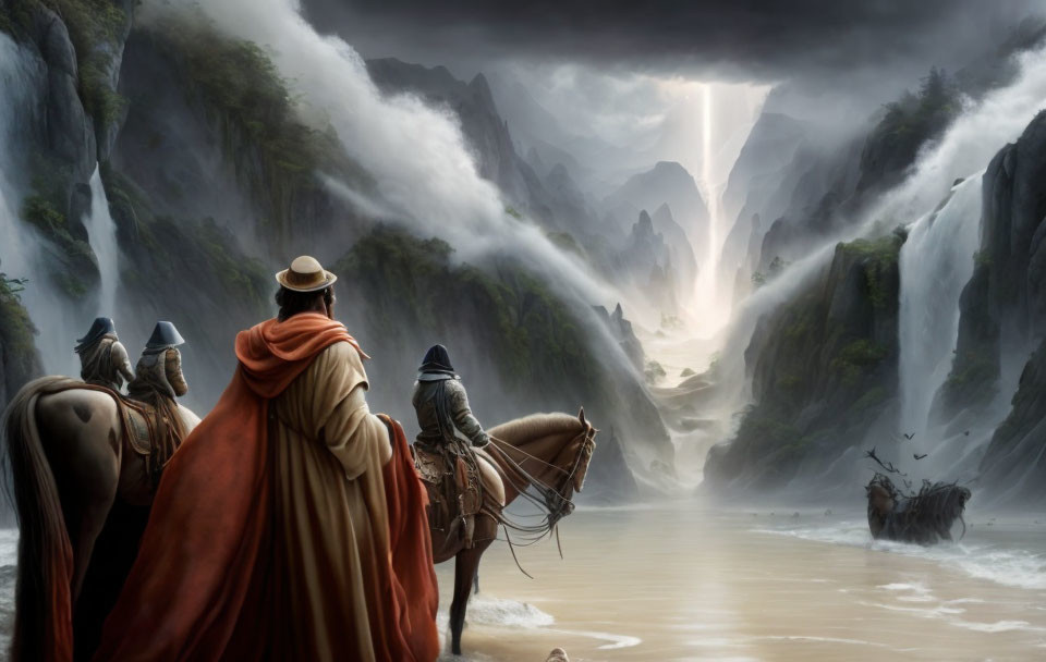 Mystical valley with cloaked figures on horseback