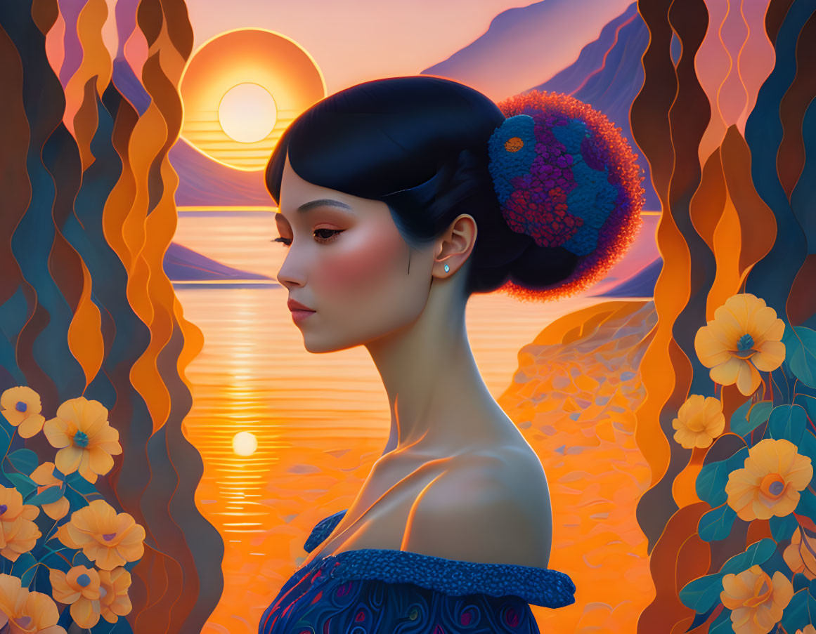 Tranquil woman with intricate hairstyle by lake at sunset