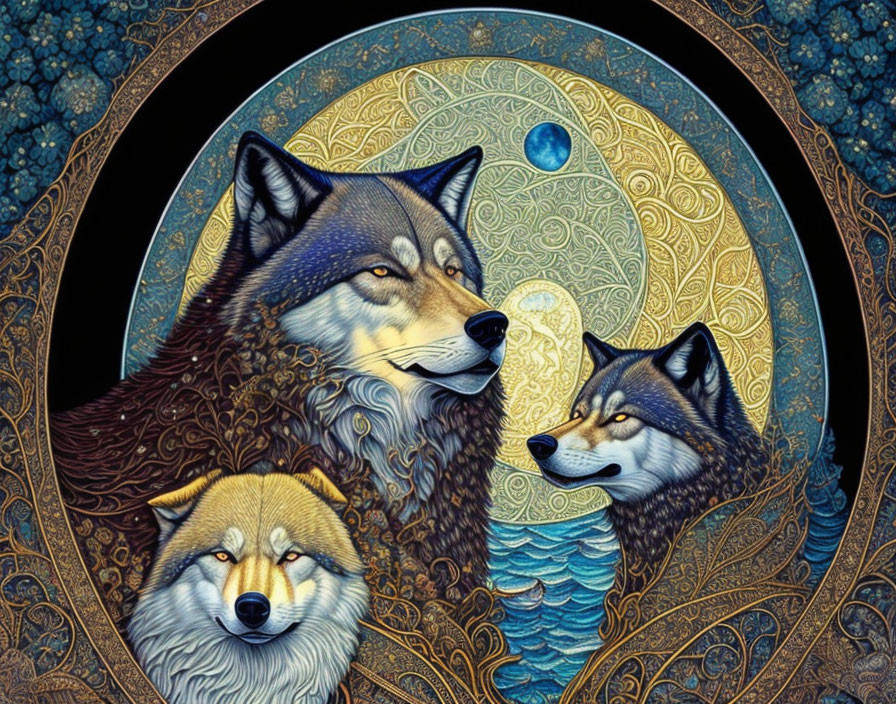 Stylized wolves with intricate patterns under celestial backdrop