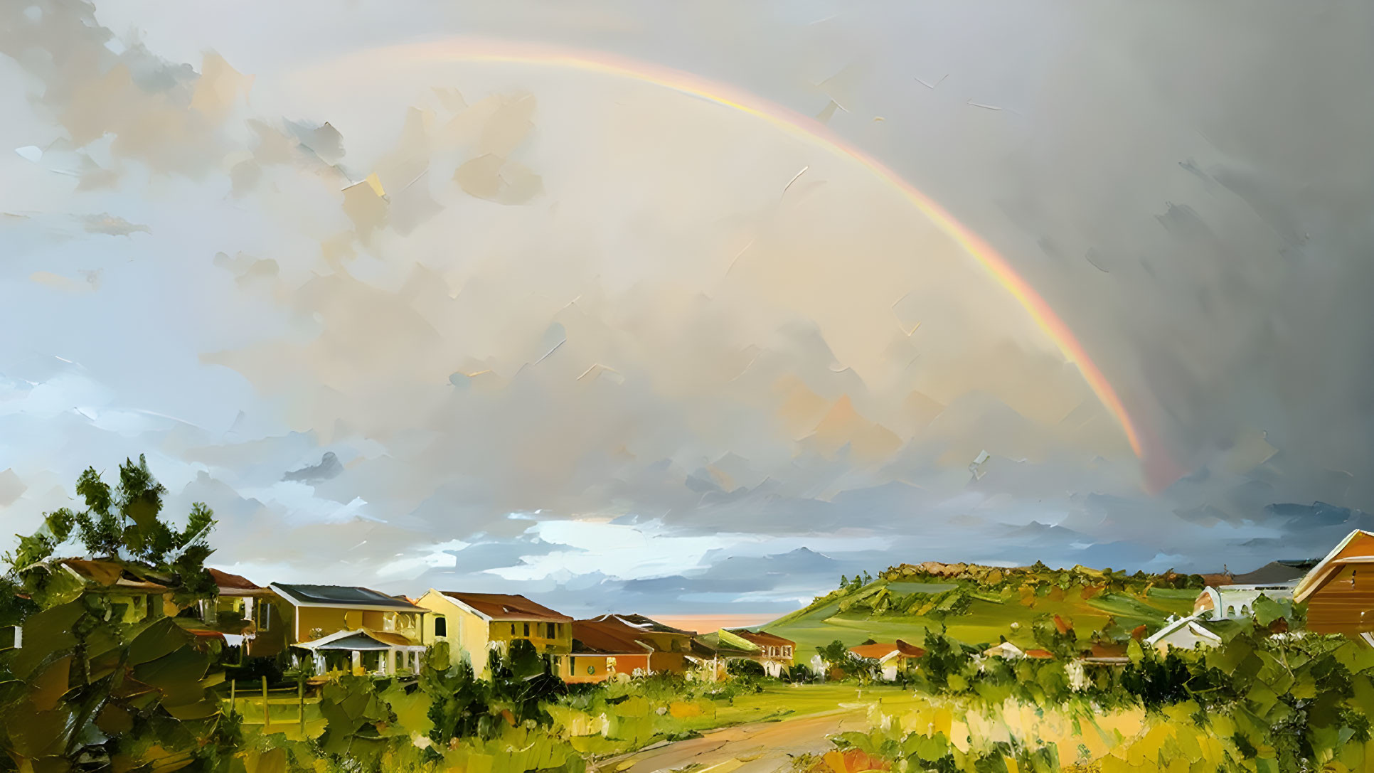 Colorful rainbow over suburban neighborhood with houses and greenery under dramatic sky