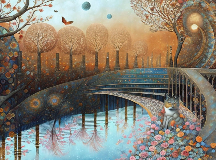 Fantasy landscape with cat, reflective water, ornate trees, bridge, and floating orbs