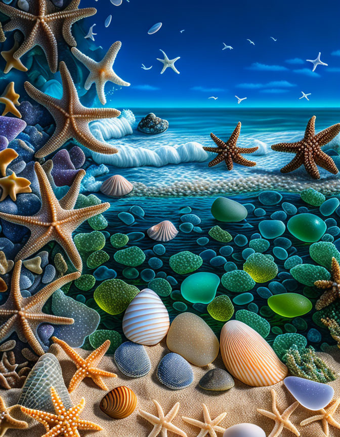 Colorful underwater illustration with starfish, shells, pebbles, and ocean view.