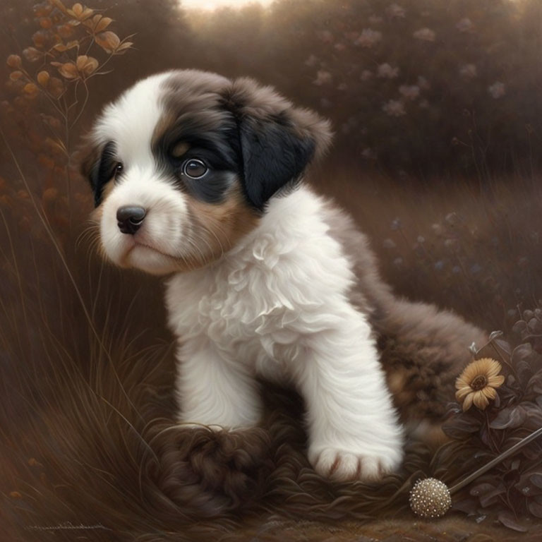 Tricolor fluffy puppy in natural setting with soft lighting