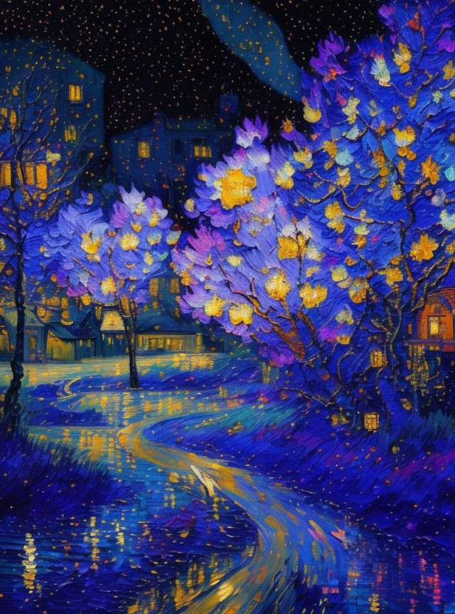 Nocturnal painting with starry sky, blooming trees, and lit houses