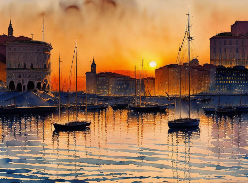 Colorful watercolor sunset over marina with sailboats and buildings in silhouette