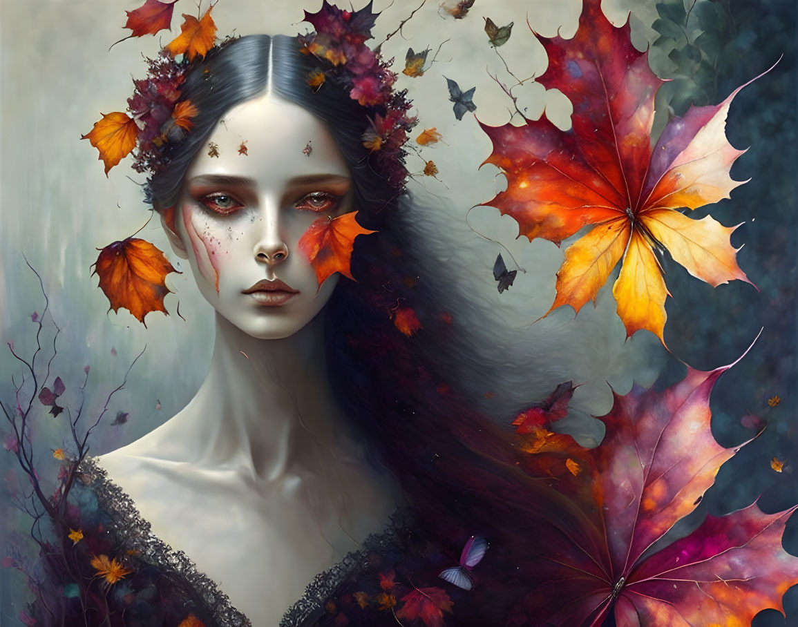 Portrait of woman with autumn leaves, butterfly, pale skin, red eye makeup