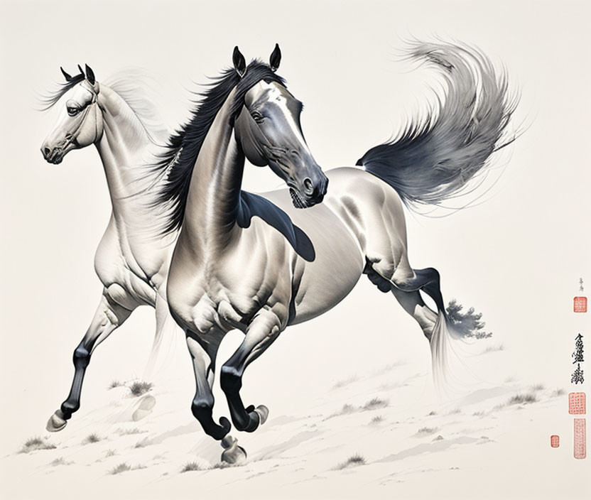 Two galloping horses, one white and one black, on beige background with Asian characters.