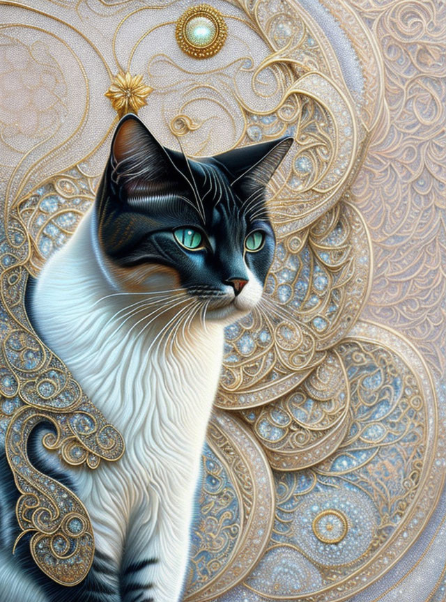 Illustrated Siamese Cat with Golden Patterns on Ornate Background