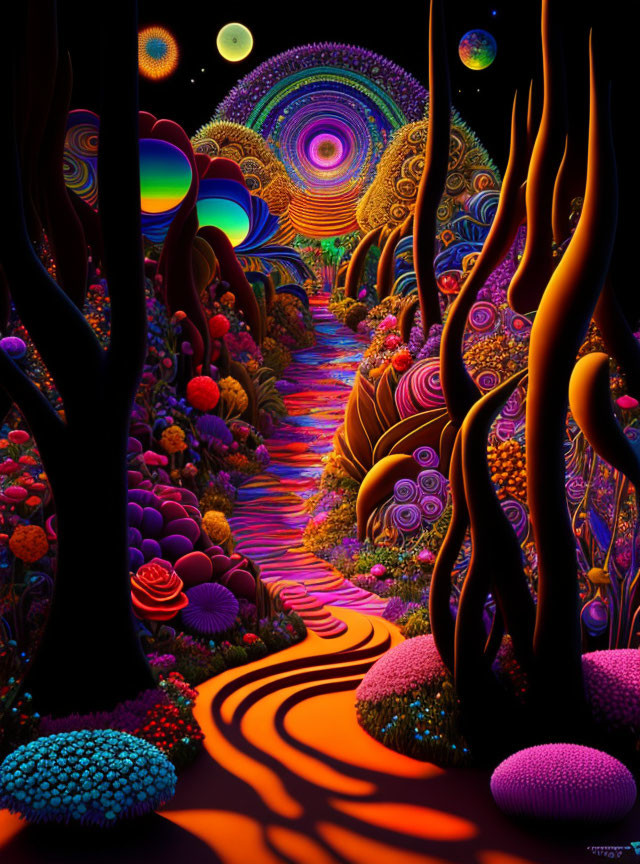 Colorful Psychedelic Pathway with Twisted Trees and Celestial Sky