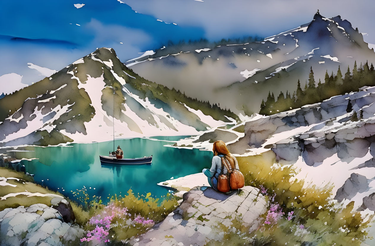 Serene watercolor painting of person by alpine lake