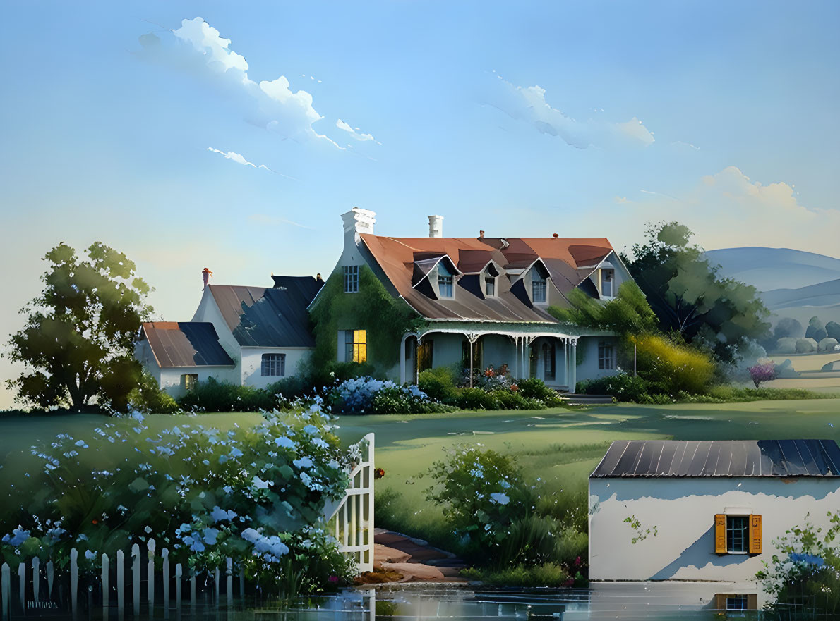 Tranquil Countryside Landscape with White House and Red Roof