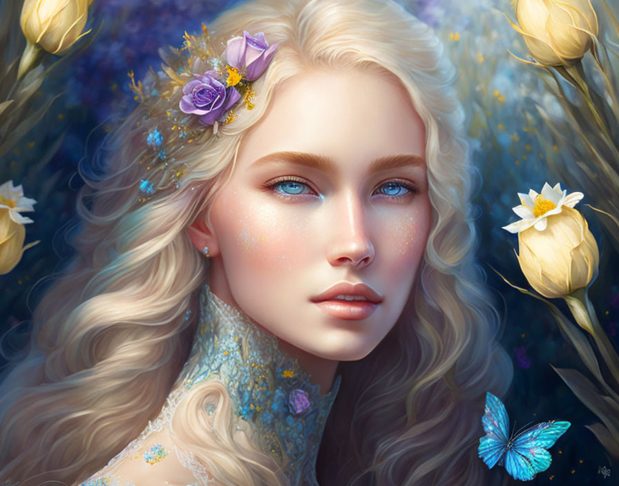 Woman with Blue Eyes and Wavy Blond Hair Surrounded by Flowers and Butterfly