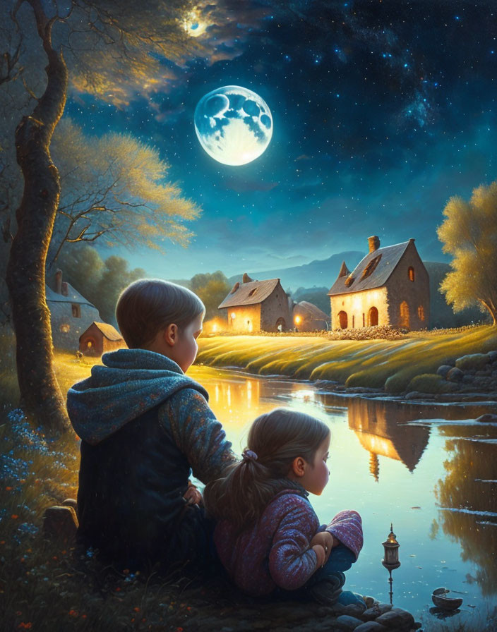 Children admiring full moon by tranquil lakeside at night