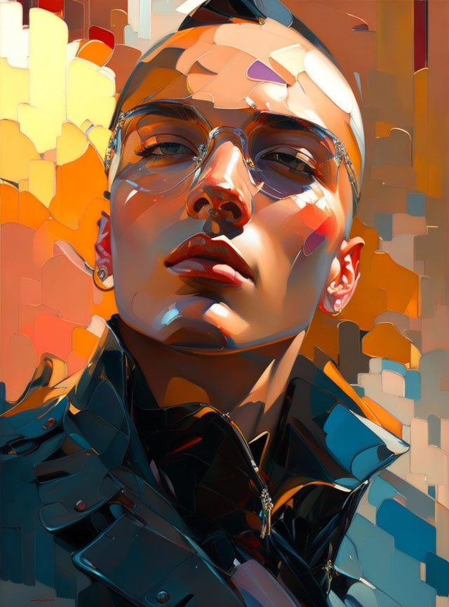 Vibrant digital portrait: person with sharp features, glasses, dark jacket, in abstract style