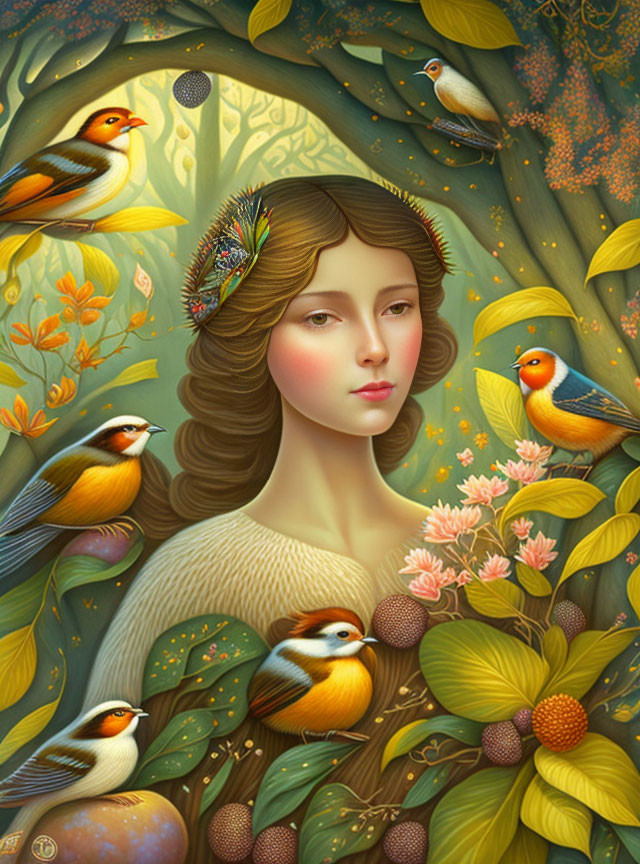 Serene woman with birds and foliage in warm tones