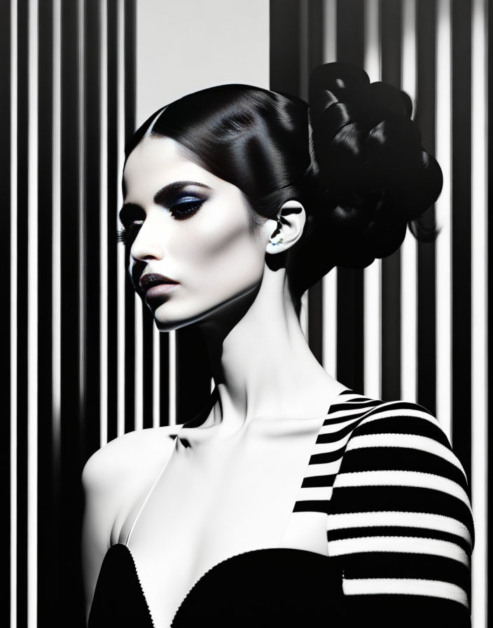 Woman with Sleek Updo, Bold Makeup, Striped Dress & Background