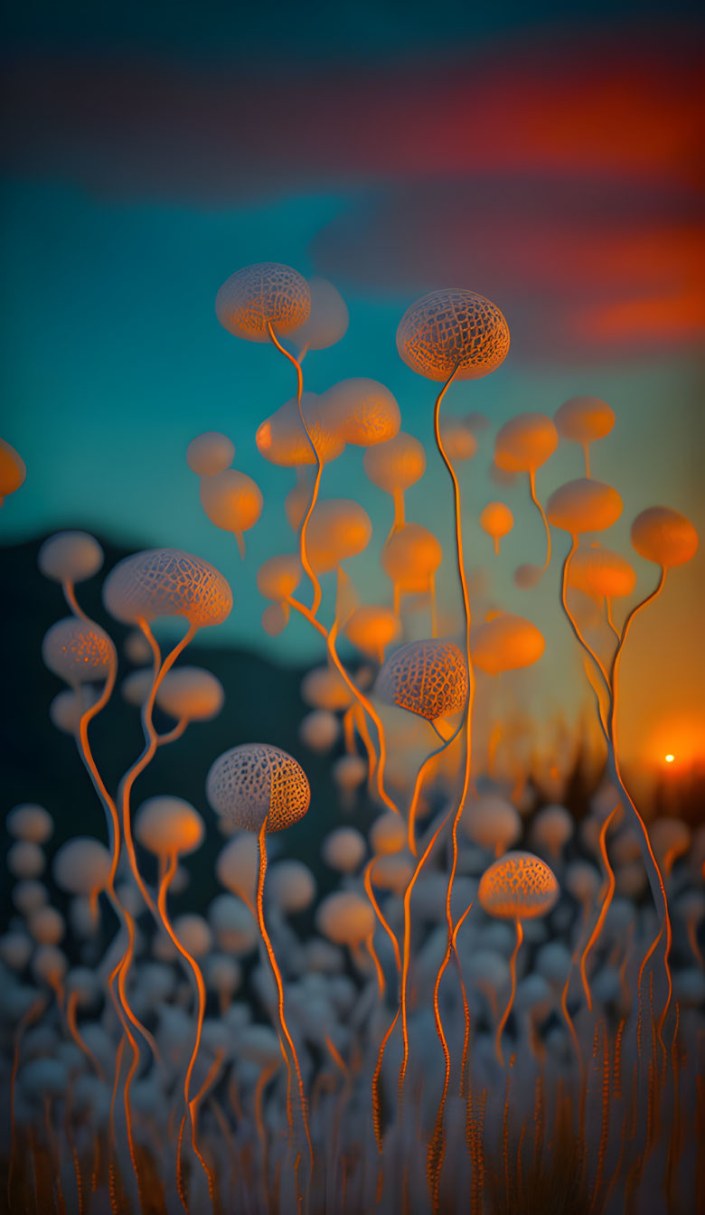 Luminescent jellyfish-like plants in a dusk sky with warm hues