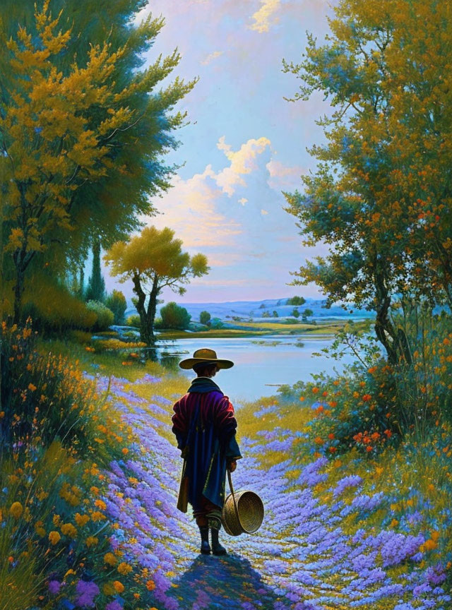 Traditional Garb Figure Walking on Flower-Lined Path to River